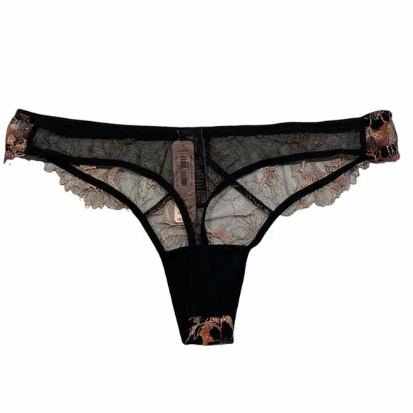 NWT VICTORIA'S SECRET Very Sexy Thong Sz LARGE Black Mesh Lace Metallic Floral - Picture 4 of 7